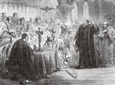 Mollio kastar ner sin fackla före inkvisitionen, illustration från The History of Protestantism av James Aitken Wylie (1808-1890), pub. 1878 av English School