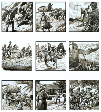 Montage av bilder om vägarnas historia av English School