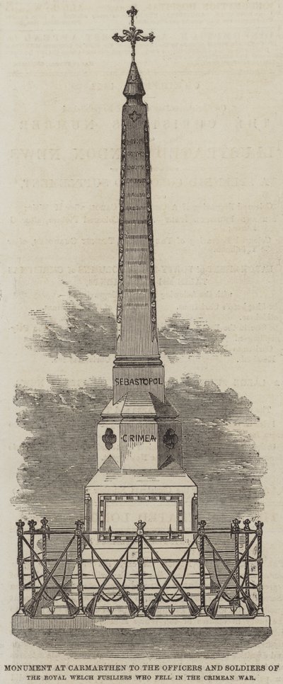 Monument i Carmarthen till officerarna och soldaterna från Royal Welch Fusiliers som stupade i Krimkriget (gravyr) av English School