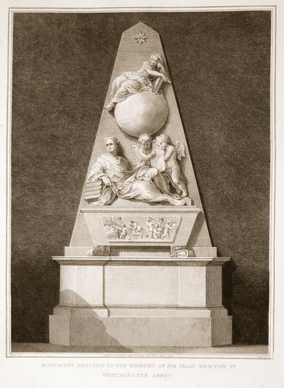 Monument uppfört till minnet av Sir Isaac Newton i Westminster Abbey, illustration från David Humes The History of England, pub. av R. Bowyer, London, 1812 av English School