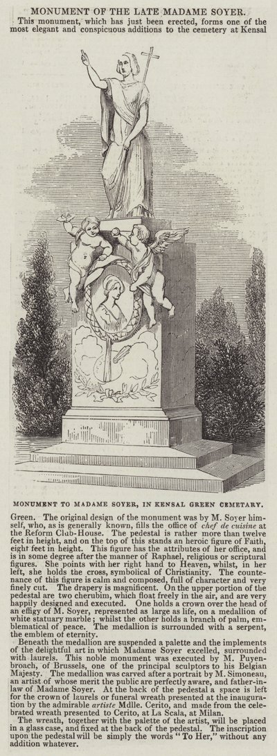Monument till Madame Soyer, på Kensal Green Cemetery (gravyr) av English School