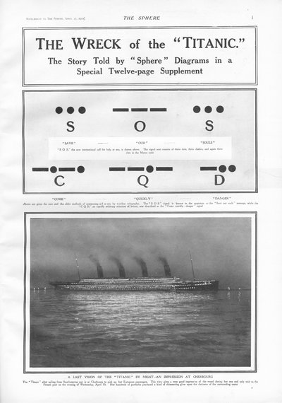 Morsekodsignaler och illustration av ångfartyget som lade till vid Cherbourg på natten, från The Sphere, 27 april 1912 av English School