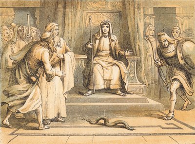 Moses och Aron inför farao (färgad gravyr) av English School