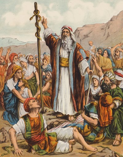 Moses och ormen av mässing (färglitografi) av English School