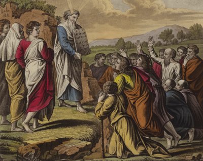 Moses levererar de tio budorden (färg litho) av English School