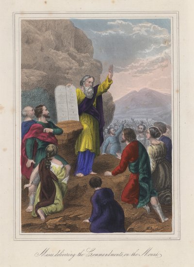 Moses överlämnar de tio budorden (kolorerad gravyr) av English School
