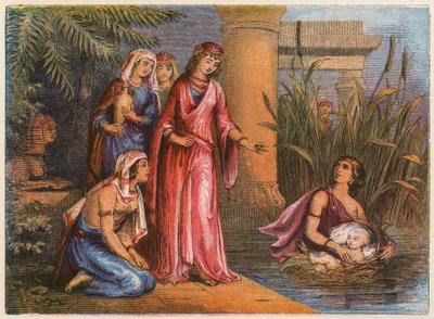 Moses bland buskarna (färglitografi) av English School