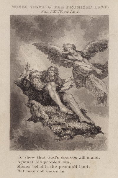 Moses tittar på det utlovade landet, Femte Mosebok XXXIV, ver 1 och 4 (gravyr) av English School