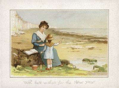 Mor och barn på stranden - Nyårskort av English School