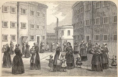 Mödrar, med sina barn, tränar i Tothill Fields Prison, illustration från The Criminal Prisons of London och Scenes from Prison Life av Henry Mayhew och John Binny, pub. 1862 av English School
