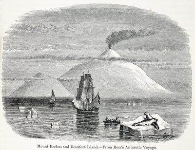Mount Erebus och Beaufort Island från Rosss Antarctic Voyage av English School
