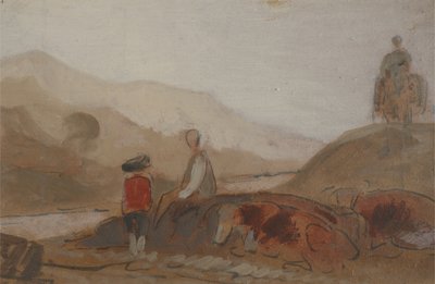 Bergigt landskap med figur vid en sjö (En man som sitter vid en sjö mitt i bergen), tidigare tillskriven J.M.W. Turner (1775-1851) och även tillskriven Peter de Wint (1784-1849), 1825-30 (olja) av English School