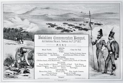 Monterad illustrerad meny för Balaklavas minnesbankett som hölls på Alexandra Palace, 25 oktober 1875 (gravyr) av English School