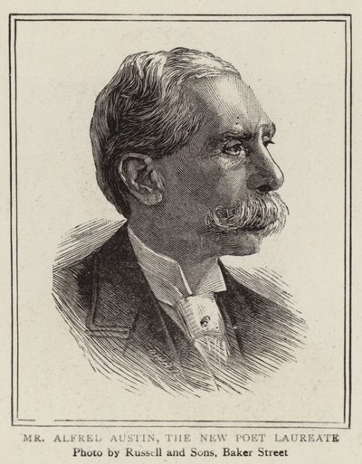 Alfred Austin, den nya poetpristagaren (gravyr) av English School