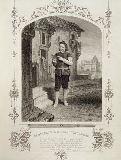 Mr Buckstone som Lancelot Gobbo, akt II, scen 2, i The Merchant of Venice av William Shakespeare (1564-1616) av English School