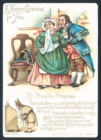 Mr Bumble och Mrs Corney, julkort av English School