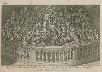 Mr David Garrick reciterar Ode, till William Shakespeares ära vid jubileet i Stratford av English School