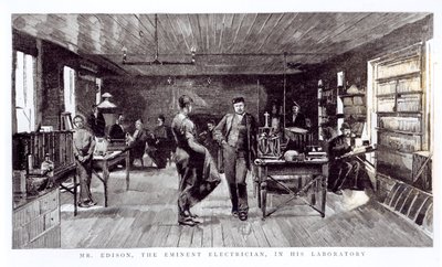 Mr Edison (1847-1931), den framstående elektrikern, i sitt laboratorium av English School
