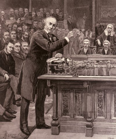Gladstone förklarar för underhuset sin plan för Irlands regering, från "The Illustrated London News", 17 april 1886. av English School