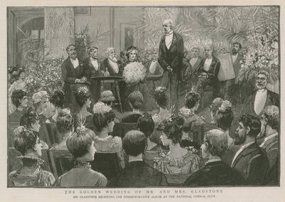 Mr. Gladstone erhält das Gedenkalbum im National Liberal Club von English School