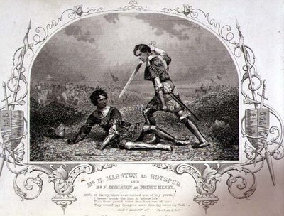 Mr. H. Marston als Hotspur und Mr. F. Robinson als Prinz Heinrich, Akt V Szene 4 aus Henry IV (Teil I) von einem Daguerreotyp von Paine aus Islington, veröffentlicht von John Tallis & Co. (Litho) von English School