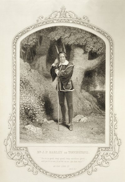 Mr J.P. Harley som Touchstone, Akt V Scene 1, i As You Like it av William Shakespeare (1564-1616) graverad av George Hollis (1792-1842) från en daguerreotypi av J.P. Mayall (1810-1901) av English School