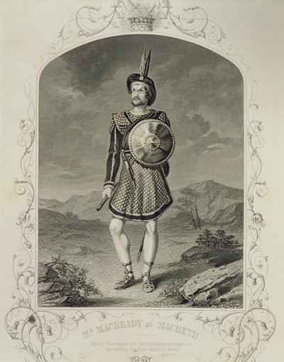 Mr Macready som Macbeth, akt I, scen 3, i pjäsen av William Shakespeare (1564-1616) av English School