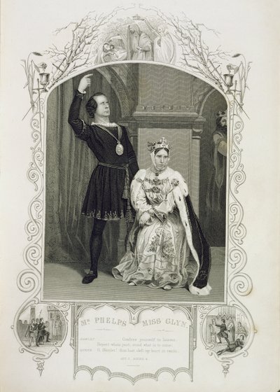 Mr Phelps som Hamlet och Miss Glyn som drottning Gertrude, akt III scen 4, i Hamlet av William Shakespeare (1564-1616) av English School