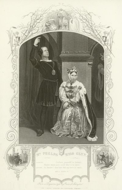 Mr Phelps som Hamlet och Miss Glyn som Queen, Hamlet, Akt III, Scen IV av English School