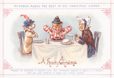 Mr Punch sitter ner till julmiddag, julkort av English School