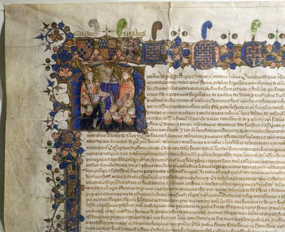 Ms.29410 Historikert initial R som visar mindre kanoner av St. Pauls Cathedral, detalj från Royal Charter of Incorporation av English School