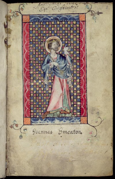Ms 1-2005, f.1r: St. Edmund, miniatyr från Macclesfield Psalter, Use of Sarum, East Anglia, c.1330 av English School