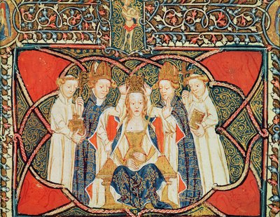 Ms 197 f.19v Kröning av en drottning, från Liber Regalis av English School