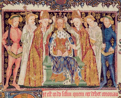 Ms 197 f.3r Kröning av en kung, från Liber Regalis av English School