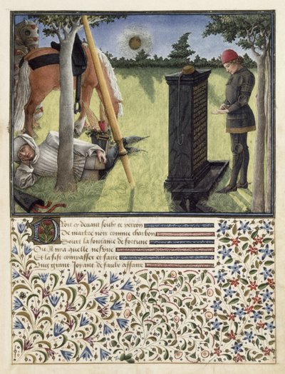 Ms. 2597 Bei Sonnenaufgang liest Herz die Inschrift am Verzauberten Brunnen, Faksimile-Ausgabe von Livre du Coeur d