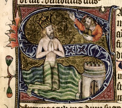 Ms 26 f.34r. Psalm 68, David drunknar, från Ramsey Abbey Psalter, c.1380 av English School