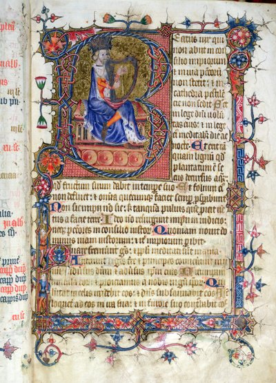 Ms 26 fol.7r. Psalm 1, David harping, från Ramsey Abbey Psalter, c.1380 av English School