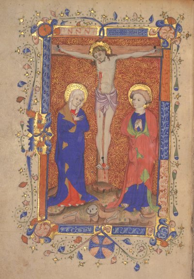 Ms 515 fol.108r Crucifixion with St. Mary and St. John the Baptist, från Missal of St. Botolph Aldersgate, c.1420-30 av English School