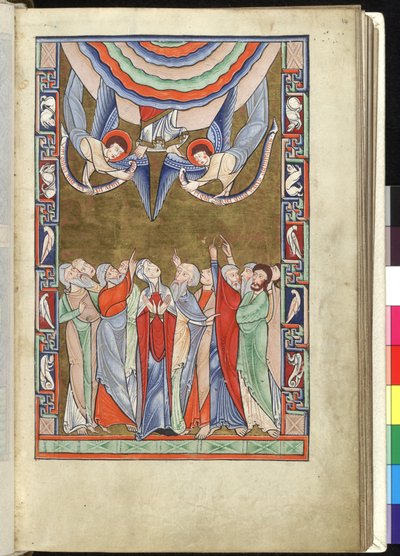 Ms Hunter 229 f.14r The Ascension, från Hunterian Psalter, c.1170 (penna & bläck och tempera på veläng) av English School