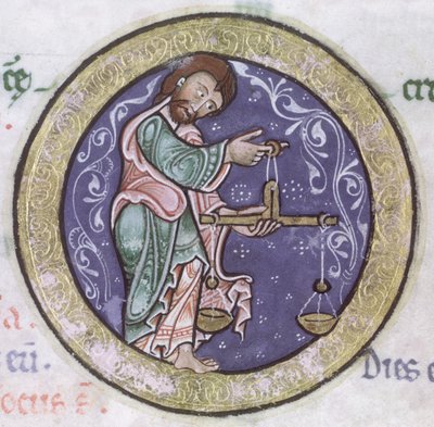 Ms Hunter 229 f.5r Libra, från Hunterian Psalter, c.1170 (penna & bläck och tempera på veläng) (detalj) av English School