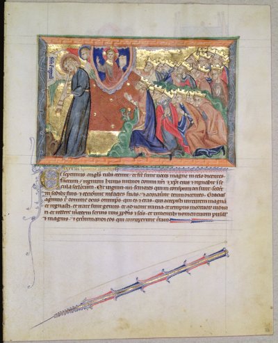 Ms L.A. 139-Lisboa fol.28 Den 7:e ängeln som blåser i sin trumpet och de 24 äldste som dyrkar Gud, från Gulbenkian Apocalypse, ca 1265-70 av English School