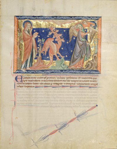 Ms L.A. 139-Lisboa fol.31 St. John tittar på en ängel som hjälper kvinnan att fly från den röda draken, från Gulbenkian Apocalypse, ca 1265-70 av English School