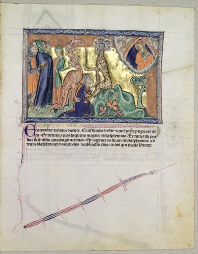 Ms L.A. 139-Lisboa fol.36 Herren ser folket dyrka havets vilddjur i närvaro av den röda draken, från Gulbenkian Apocalypse, ca 1265-70 av English School