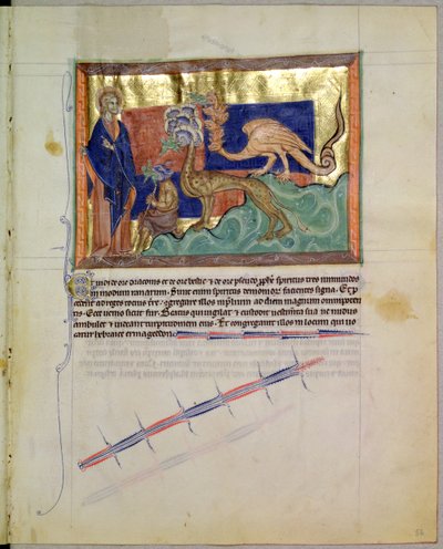 Ms L.A. 139-Lisboa fol.56 St John the Evangelist tittar på grodor som kommer ut ur munnen på de 3 bestarna, från Gulbenkian Apocalypse, c.1265-70 av English School