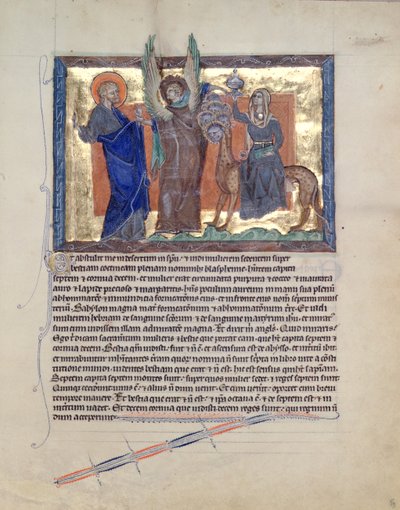 Ms L.A. 139-Lisboa fol.59 En ängel som leder St. Johannes evangelisten till skökan av Babylon, från Gulbenkian Apocalypse, ca 1265-70 av English School