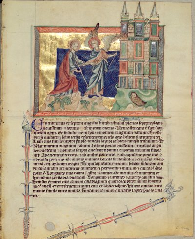 Ms L.A. 139-Lisboa fol.74 En ängel som visar det nya Jerusalem för St. John the Evangelist, från Gulbenkian Apocalypse, c.1265-70 av English School