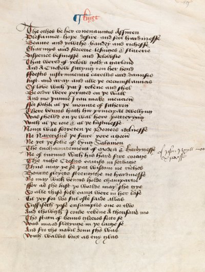 Ms. New Coll 314, f19r, The Canterbury Tales av Geoffrey Chaucer (penna och bläck på veläng) av English School