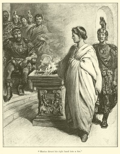 "Micius stack in sin högra hand i en eld" (gravyr) av English School