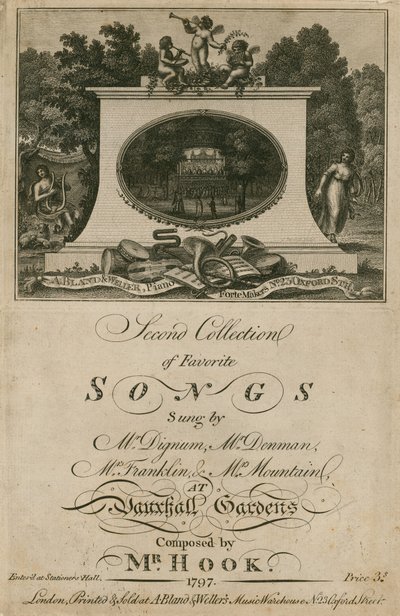 Musikmusik som samlar favoritlåtar som sjungs på Vauxhall Gardens, London, komponerade av Mr Hook av English School
