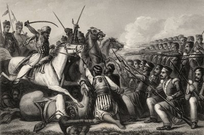 Mutineers kavalleri attackerar ett infanteritorg vid slaget vid Cawnpore 1857, från "The History of the Indian Mutiny", publicerad 1858. av English School